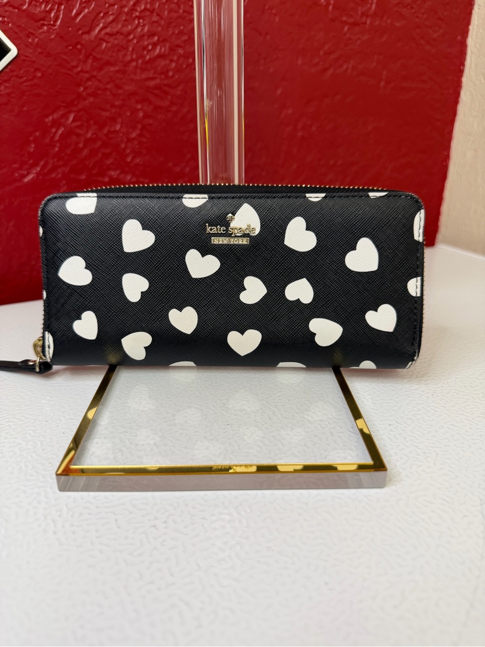 kate spade Black Wallet with White Heart Print
